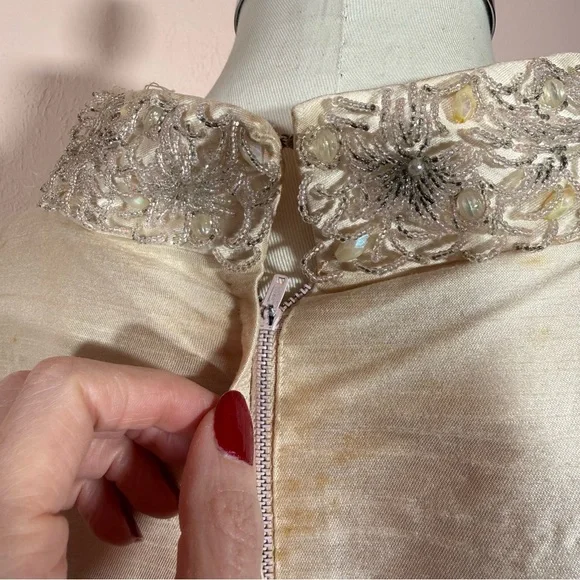 Art deco 1920 1940 Antique white beaded Sleeveless Formal midi flapper Dress - Picture 4 of 16